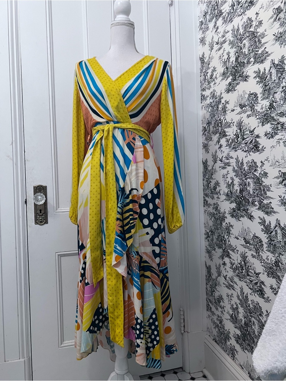 Conditions Apply Anthropologie NWT Yellow Multi-Print Wrap Maxi Dress size XS